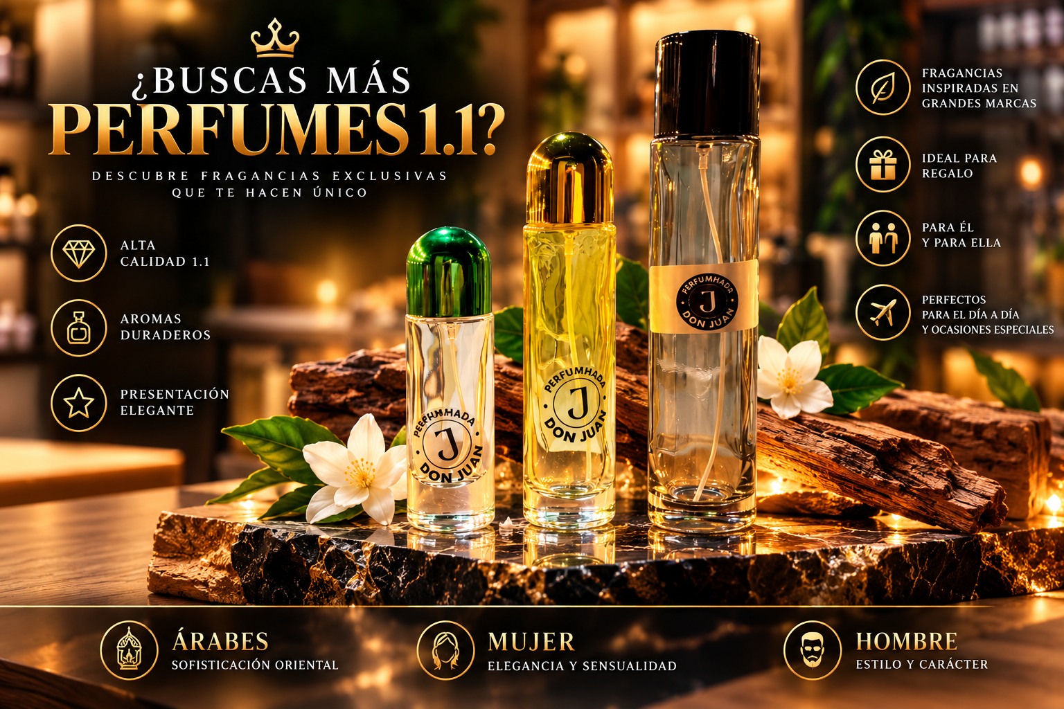 Imagen promocional de Perfumhada Don Juan con los tres frascos de perfume en un ambiente negro y dorado